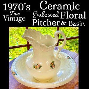 ▪️VTG▪️1970's Embossed Ceramic Floral Cottagecore Farmhouse Pitcher & Basin Set